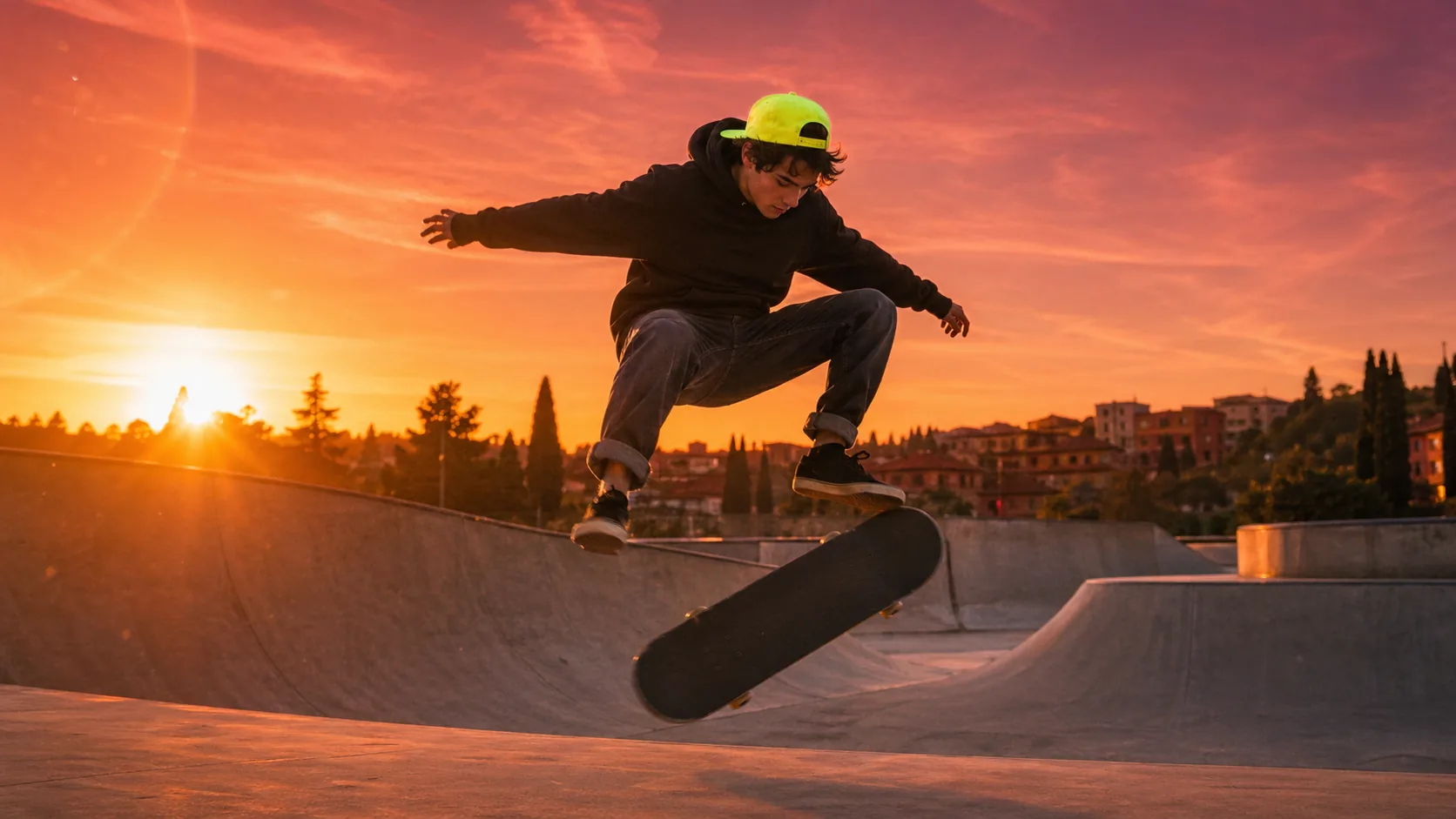 Skater King Kendze mid-trick allo skatepark di Siena al tramonto, cap lime signature