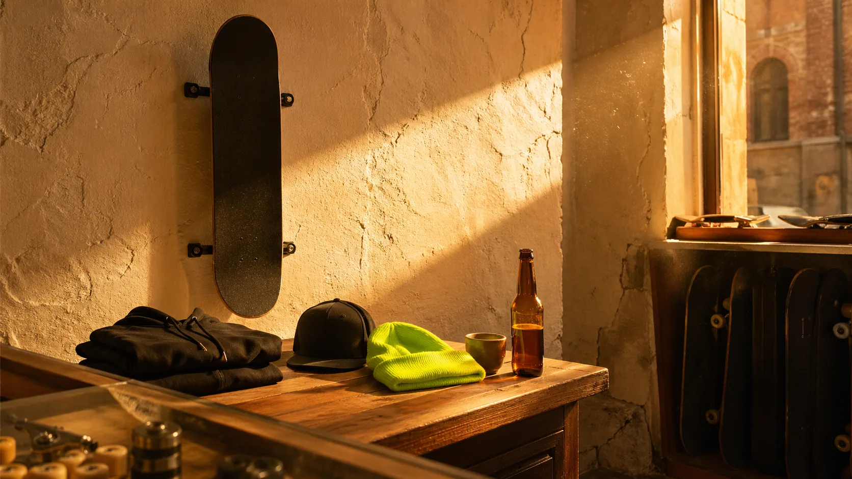 Interno della bottega King Kendze al tramonto: deck nera sul muro, hoodie nero, cap, beanie lime signature sul counter, raggio dorato dalla finestra