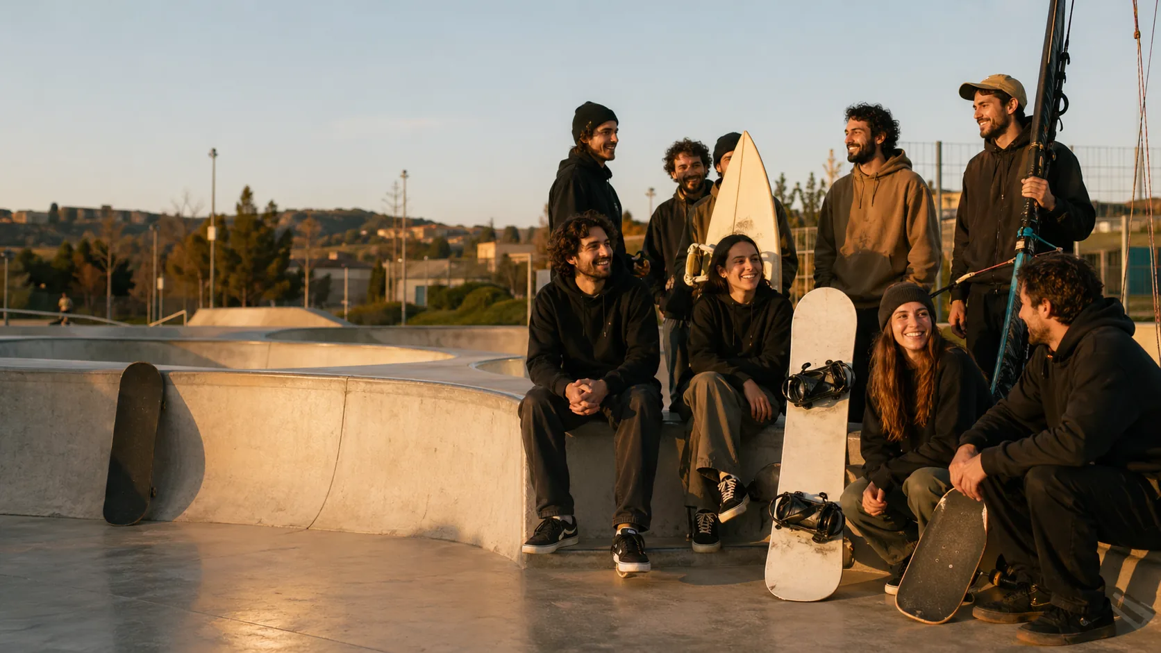 Gruppo King Kendze allo skatepark Bruno Bianciardi di Siena al tramonto: bambini, ragazzi, adulti, principianti e rider esperti insieme